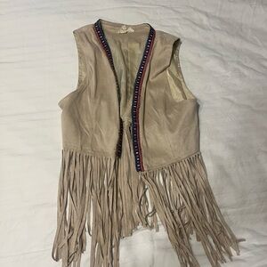 Fringed Tan Vest with Colorful Trim